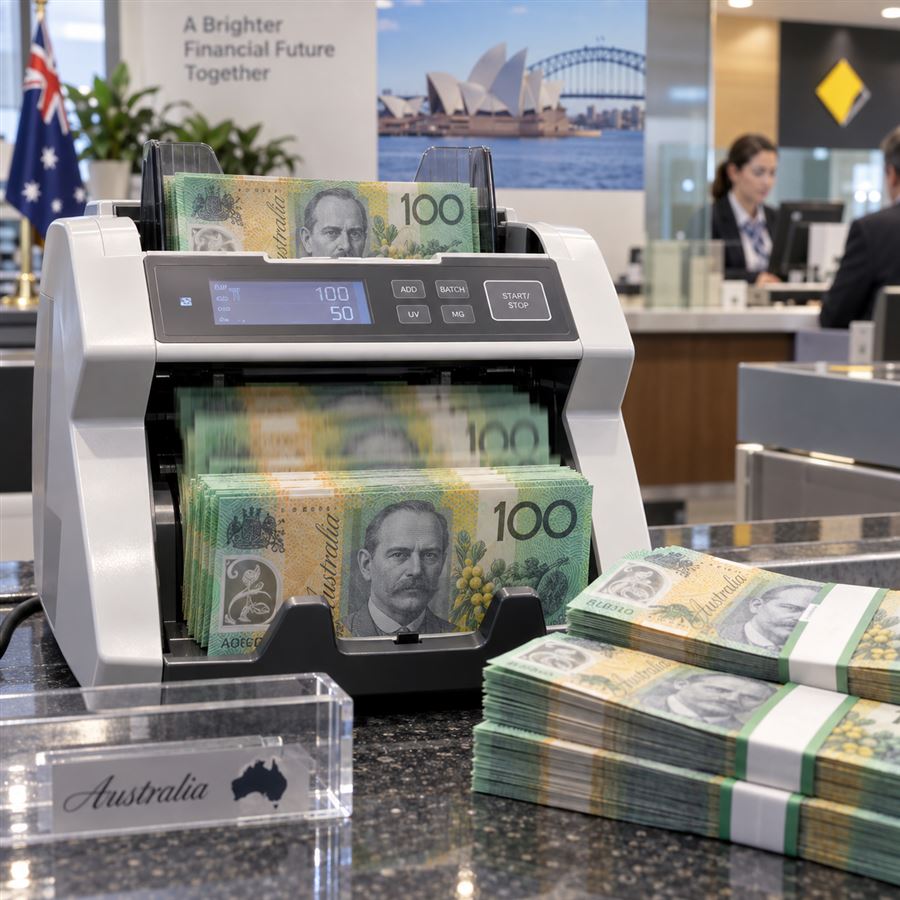 Petugas bank menghitung uang dolar Australia
